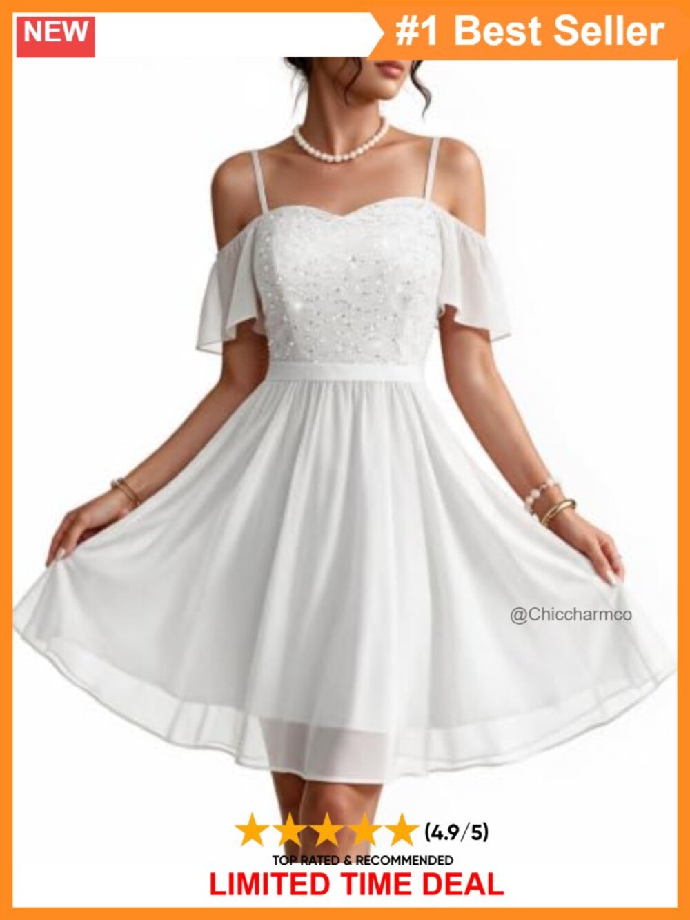 Off Shoulder Sequin Lace Cocktail Dress Ruffle Sleeve Chiffon A-Line